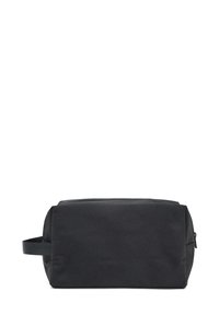 Neceser de nailon negro con forma rectangular, cierre con cremallera y un asa lateral para facilitar el transporte. Exterior texturizado para mayor durabilidad.