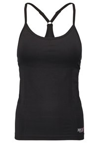 Svart atletisk linne med racerback-design, tillverkat av slätt tyg, med minimala sömmar och en liten logotyp på den nedre fållen.