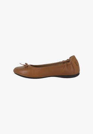 Ballerine en cuir marron avec dos élastique, petit nœud décoratif sur l'avant-pied et semelle noire.