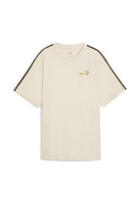 Camiseta de manga corta color crema hecha de algodón suave. Presenta el logo dorado de "Puma" y rayas negras y doradas en los hombros. Diseño clásico de cuello redondo.