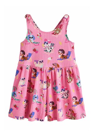 Rózsaszín ujjatlan kisgyermek ruha játékos nyomattal, amely kutyákat ábrázol napszemüvegben, székeken pihenve, valamint fagylaltkelyhekkel szórva.