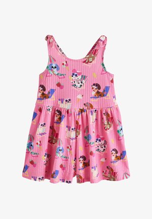 Ružové dievčenské šaty bez rukávov s hravým potlačou psov v slnečných okuliaroch, ktorí odpočívajú na stoličkách, a s rozptýlenými kornútikmi zmrzliny.