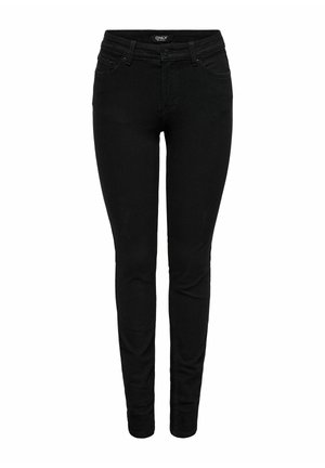 Jeans skinny neri realizzati in denim. Presentano un classico design a cinque tasche, chiusura frontale con bottone e passanti per la cintura. Texture liscia su tutta la superficie.