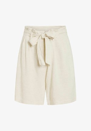 Beige shorts med høj talje med stofbælte bundet i sløjfe foran og sidelommer.