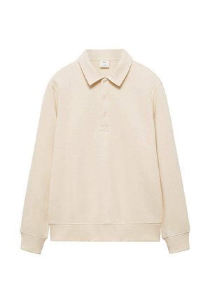 Beige long-sleeve polo shirt made of soft fabric, featuring a classic collar, three-button placket, and ribbed cuffs and hem.