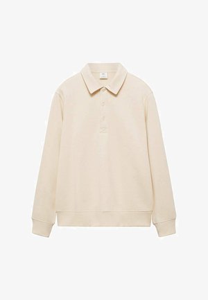 Beige lange mouwen polo shirt van zachte stof, met een klassieke kraag, drie knopen sluiting, en geribde manchetten en onderkant.