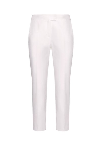 White tailored trousers with a slim fit, featuring a smooth texture, pleat detailing, and cropped length at the ankles.