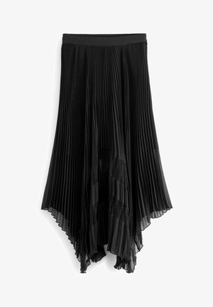 Jupe plissée noire avec ourlet asymétrique et détails en panneaux transparents, avec une taille ajustée.