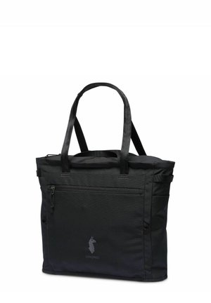 Black tote bag with dual handles, front zippered pocket, and small llama logo on the pocket, made from durable fabric.