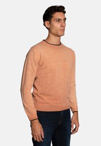 Licht perzik brei trui met een ronde hals en contrasterende zwarte afwerking. Lange mouwen en zachte textuur, gedragen met donkere jeans.