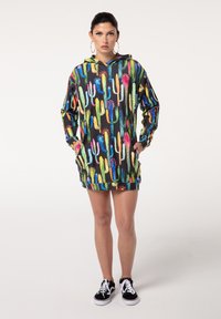 Hooded sweatshirt dress in black with vibrant cactus print in various colors, featuring long sleeves and side pockets.