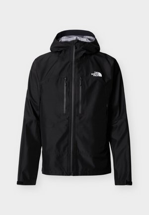 Must veekindel kapuutsiga jakk esiluku, kahe vertikaalse rinnatasku ja The North Face'i logoga vasakul rinnal.