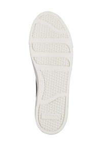 Suola in gomma bianca con modelli di presa testurizzati, caratterizzata da una forma arrotondata e un logo rettangolare in rilievo. Design pulito e funzionale.