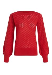 Czerwony sweter z dzianiny z wzorem z diamentowej siatki, prążkowany dekolt w kształcie okrągłego kołnierza oraz bufiaste rękawy. Materiał wydaje się lekki i teksturowany.