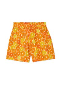 Men's swim shorts featuring an elastic waistband and a vibrant orange background with overlapping circular patterns in yellow and orange.