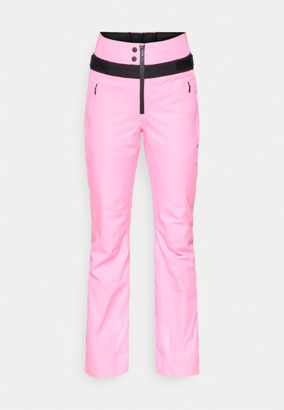 Roza smučarska hlače z visokim pasom in črnim nastavljivim pasom, sprednjim zadrgo ter dvema stranskima žepoma. Narejene so iz gladkega, vremensko odpornega materiala.