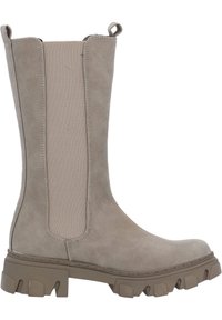 Botín de ante gris con paneles elásticos en los laterales, suela de goma duradera y acentos texturizados. Cuenta con una lengüeta para facilitar el calzado.