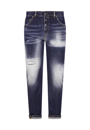 Donkere blauwe jeans met een verweerde look, voorzijde met knoopsluiting, vervaagde details, gescheurde stukken, opgerolde pijpen en voor- en achterzakken.