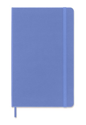 Blue hardcover notebook with elastic band closure and matching ribbon bookmark on a white background.