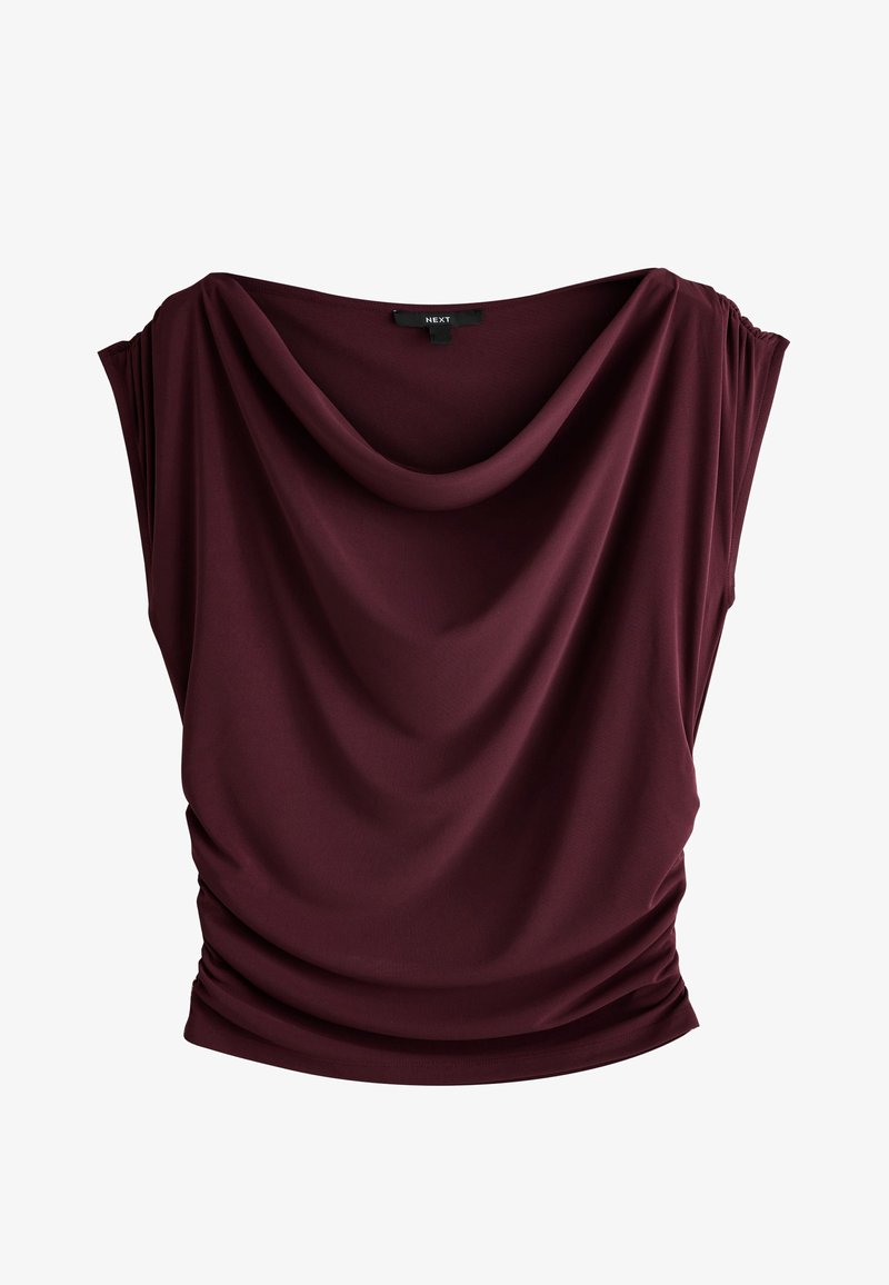 Top bordeaux sans manches avec un col bénitier drapé et des côtés froncés, en tissu doux et fluide.