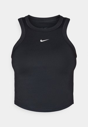 Musta urheilullinen lyhyt toppi racerback-muodolla. Valmistettu sileästä, joustavasta materiaalista. Edessä pieni valkoinen Nike-swoosh-logo.