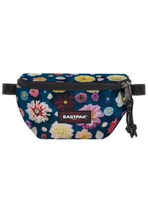 Granatowa saszetka biodrowa z kolorowym kwiatowym wzorem, czarnym zamkiem błyskawicznym z sznureczkami i czarną naszywką z logo Eastpak z przodu.