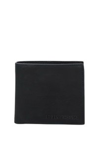 Billetera de cuero negro con textura de grano, diseño bi-fold y logo en relieve "ARMANI EXCHANGE" en la esquina inferior derecha delantera.