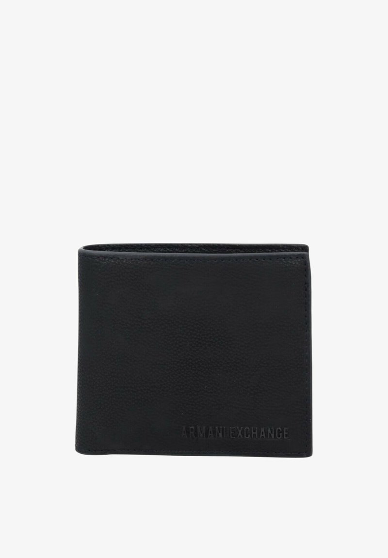 Portafoglio in pelle nera con texture a ciottoli, design pieghevole in due, e logo "ARMANI EXCHANGE" stampato in rilievo nell'angolo in basso a destra.