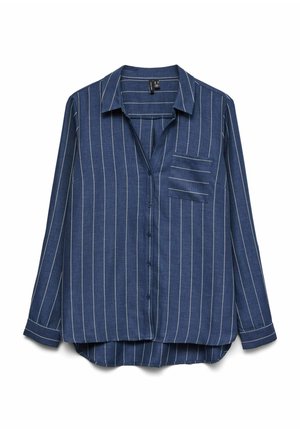 Chemise à manches longues bleu marine à boutons avec des rayures verticales blanches. Présente une poche poitrine et un ourlet incurvé, fabriquée dans un tissu léger.