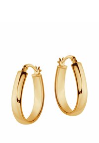Złote kolczyki w kształcie obręczy o gładkim, zakrzywionym kształcie. Posiadają bezpieczne zapięcie oraz polerowane wykończenie, co nadaje im elegancki, nowoczesny wygląd.