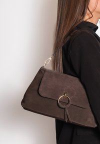Bruine suède handtas met een voorklep, gouden ronde hardwareaccent en een afneembare schouderband. Het oppervlak lijkt zacht met een fijne textuur.