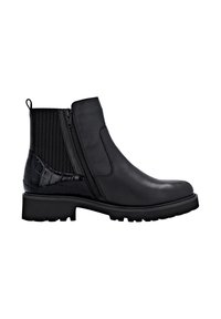 Bottes noires à la cheville avec une tige en cuir lisse, des panneaux latéraux élastiques texturés, un dos gaufré crocodile et une semelle en caoutchouc robuste.