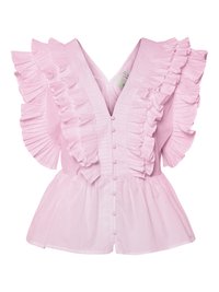 Vaaleanpunainen paita, jossa on röyhelö-sivut ja V-pääntie. Siinä on napitus edessä ja istuva bodice, joka levenee peplum-tyyliin.