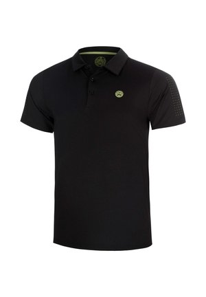 Schwarzes kurzärmeliges Poloshirt mit drei Knöpfen, kleinem rundem gelbem Logo auf der Brust und perforierten Details an den Ärmeln.