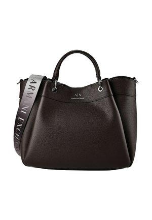 Dunkelbraune, strukturierte Lederhandtasche mit kurzen Griffen und abnehmbarem Schulterriemen mit dem Aufdruck "Armani Exchange."