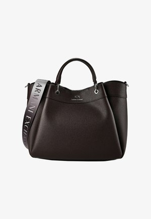 Bolso de mano de cuero texturizado marrón oscuro con asas cortas y una correa de hombro desmontable impresa con "Armani Exchange."