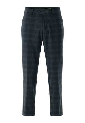Dunkelkarierte Hose aus strukturiertem Stoff. Verfügt über einen klassischen Schnitt, seitliche Taschen und einen Knopfverschluss. Farben sind Marineblau und Grau.