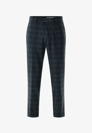 Dunkelkarierte Hose aus strukturiertem Stoff. Verfügt über einen klassischen Schnitt, seitliche Taschen und einen Knopfverschluss. Farben sind Marineblau und Grau.