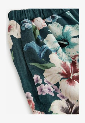 Materiał w kwiatowy wzór w ciemnym teal z dużymi hibiskusami i małymi kwiatami. Posiada marszczoną talię, miękką fakturę oraz delikatny połysk.