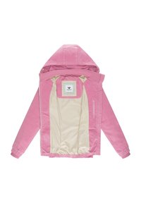 Lyserød hættejakke lavet af blødt stof. Har en lys cremefarvet foring, lynlåslomme i siden og elastiske manchetter for en sikker pasform.