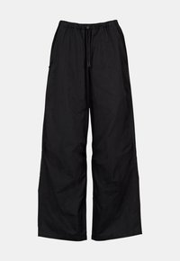 Pantalon noir à jambes larges avec taille élastique et cordon de serrage, doté de poches latérales et d'une coupe décontractée.