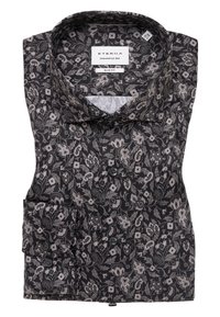 Schwarzes Hemd mit Blumenmuster in Slim Fit, mit einem Button-Down-Kragen und einer Tasche. Aus leichtem Stoff mit weicher Textur.