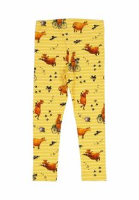Keltaiset legginsit, joissa on leikkisä printti lehmästä pyörän päällä ja lintujen jälkiä, vaakasuorilla raidoilla ja sileällä, pehmeällä tekstuurilla.