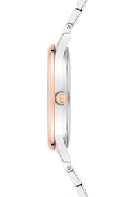 Silberne und roségoldene Uhr mit einem glatten, runden Gehäuse, das eine auffällige Krone und ein verbundenes Metallarmband aufweist. Elegantes, minimalistisches Design.