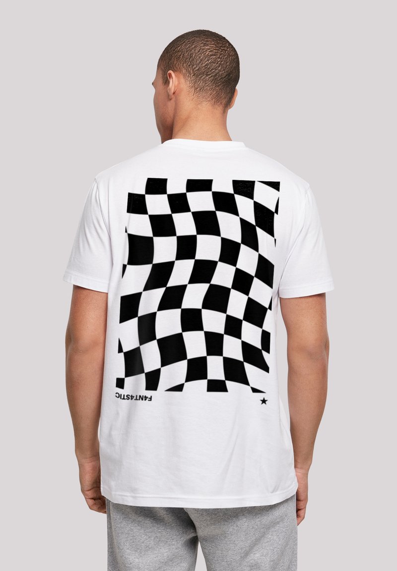 White short-sleeve t-shirt featuring a black and white checkered pattern on the back. Soft cotton material with a relaxed fit.