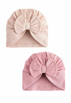 Two soft fabric baby turbans in light pink and dusty rose, each featuring a large central bow and gathered detailing.