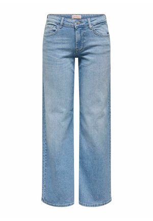 Lichtblauwe denim wijdbeensjeans met een rauwe zoom, vijf zakken en een klassieke knoopsluiting op de tailleband. Zachte textuur.