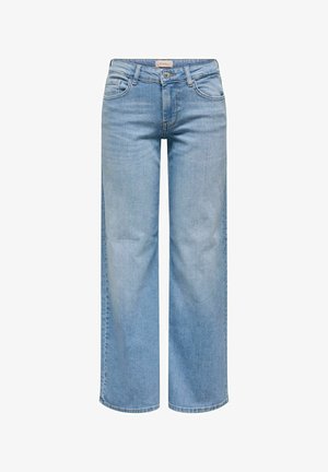 Lichtblauwe denim wijdbeensjeans met een rauwe zoom, vijf zakken en een klassieke knoopsluiting op de tailleband. Zachte textuur.