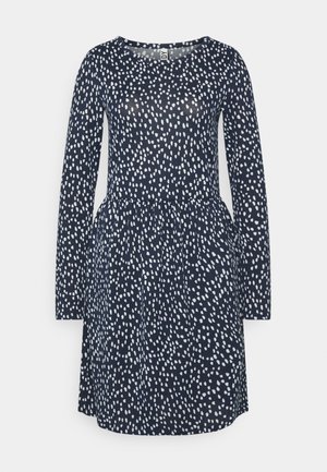 Vestido azul-marinho com mangas longas, gola redonda e padrão de bolinhas brancas abstratas; cintura ajustada com saia franzida para um ajuste descontraído.