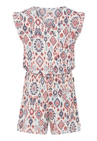 Combinaison à motifs multicolores avec un décolleté en V, des manches volantes et une taille élastique. Présente un design géométrique en rouge, bleu et crème.